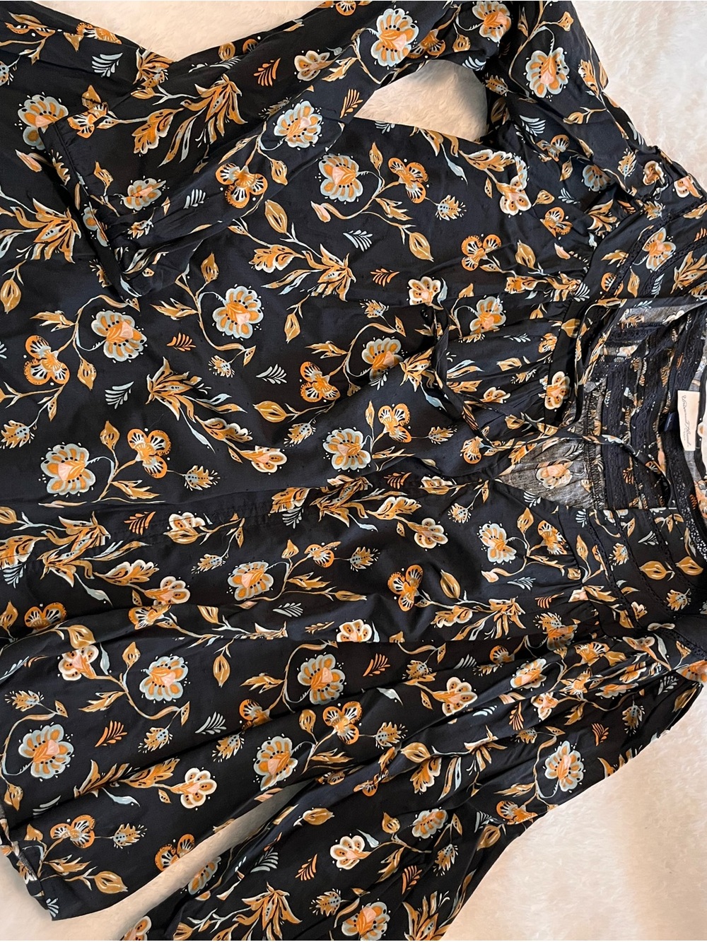 Universal Thread Black Floral Blouse with Mustard & Cream Accents
